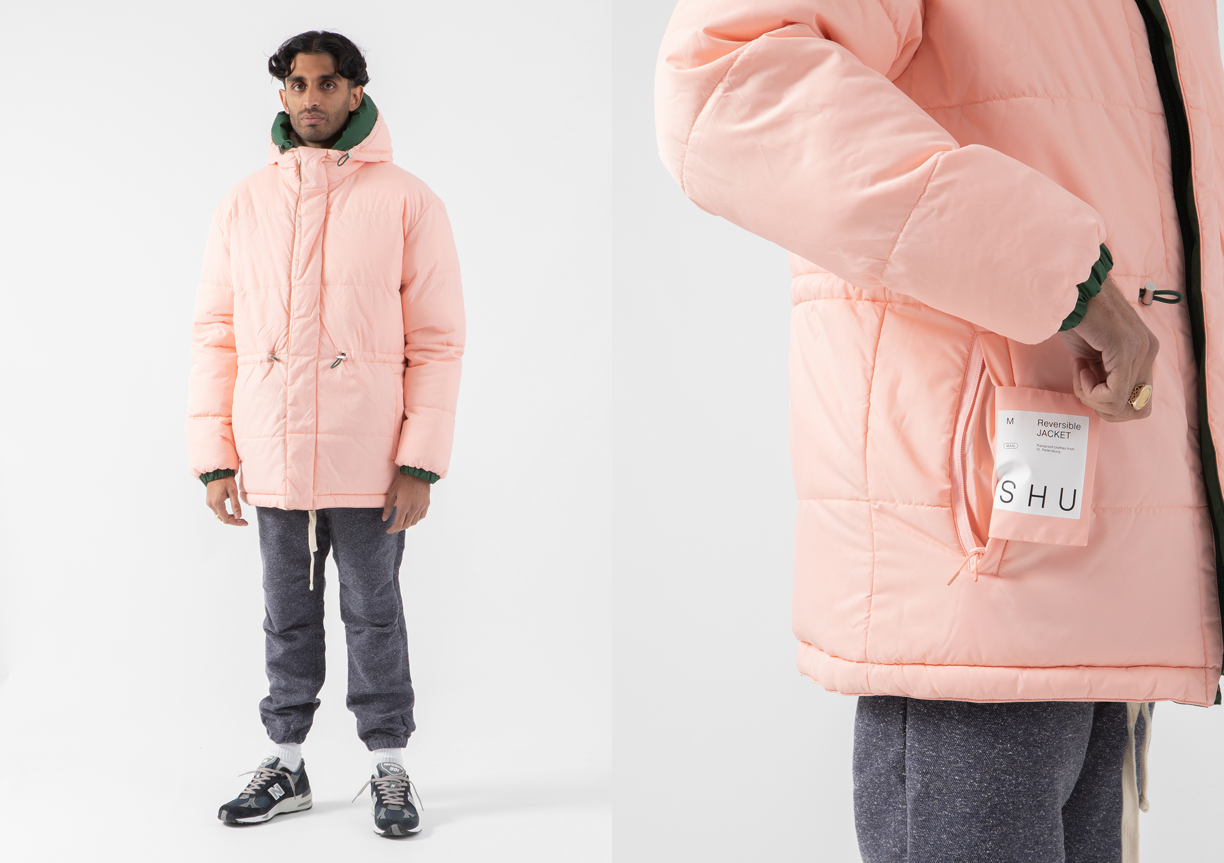 SHU winter jacket shot on model HIP