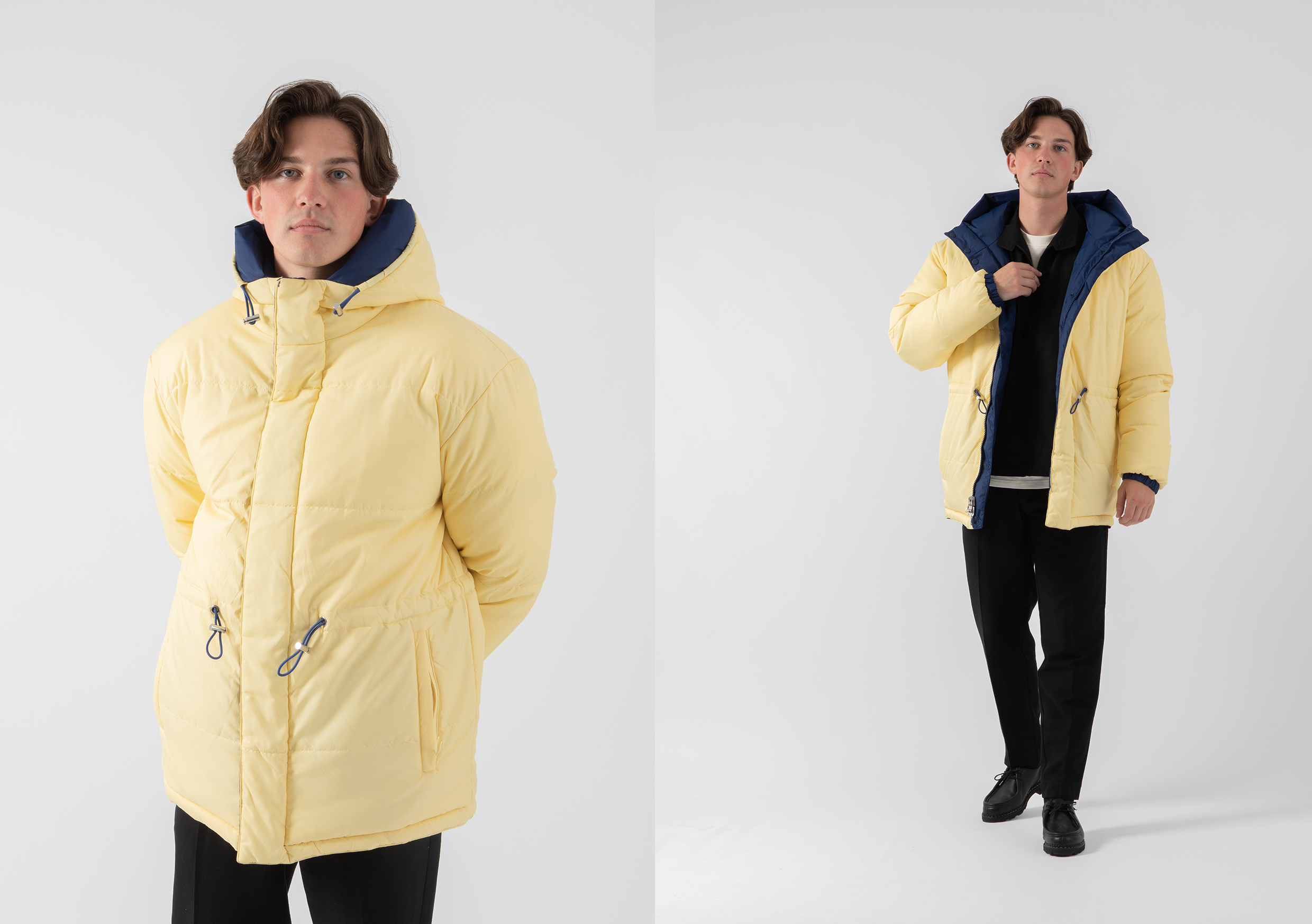 SHU winter jacket shot on model HIP