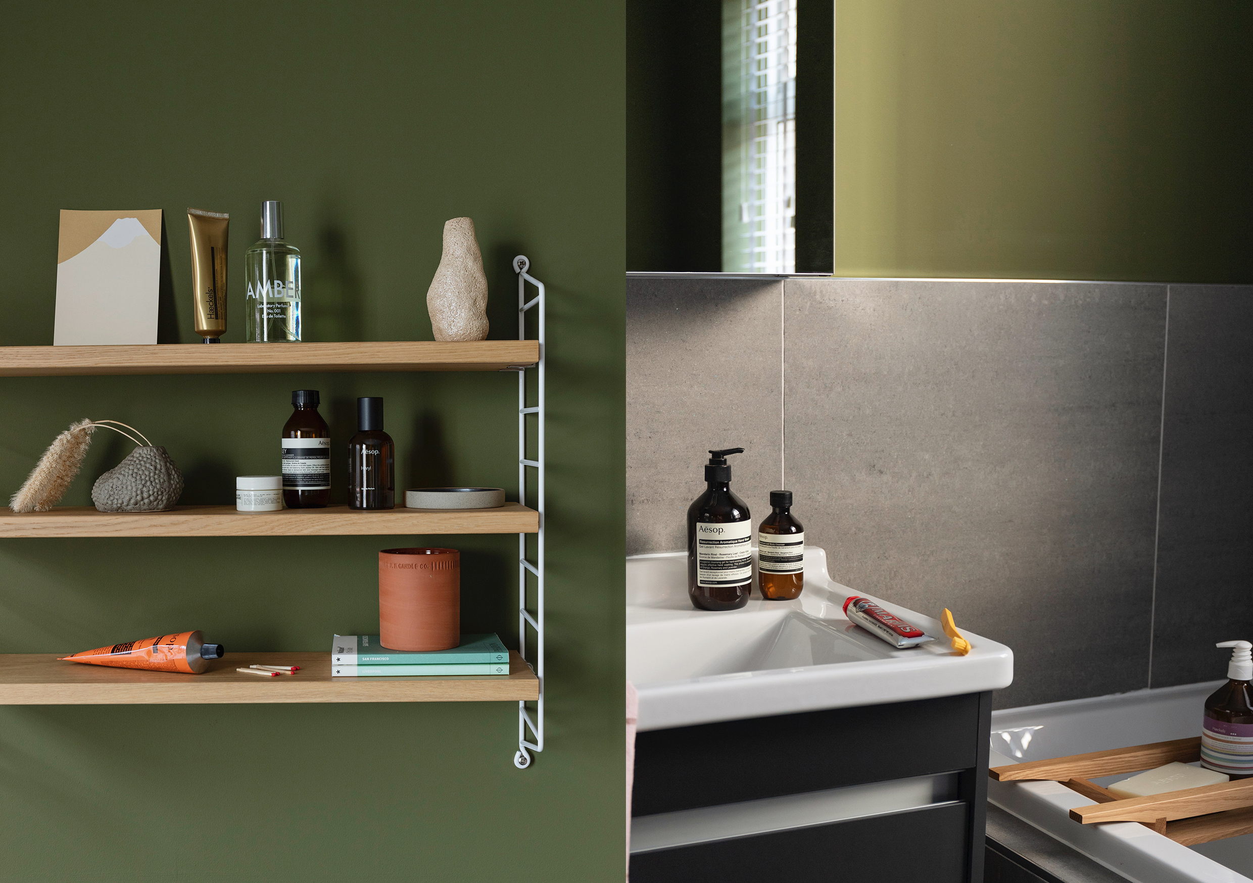 HIP Living - Grooming - Shelf - Aesop - Ferm Living vase - Aesop - Laboratory Perfumes - Marvis - Sink