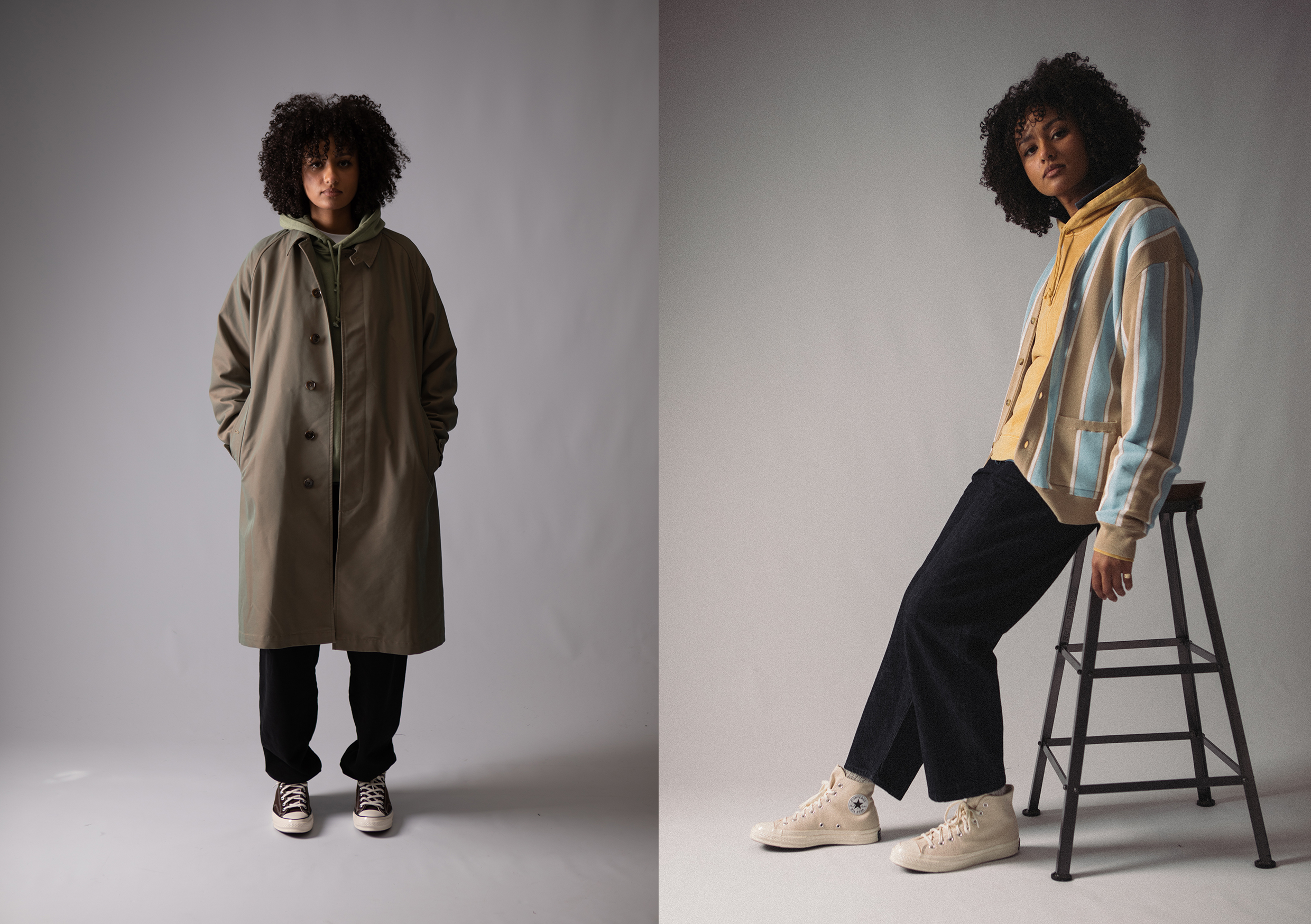 Beams Plus SS21 Collection At HIP,  Striped Cardigan, Gabardine Balmacaan Mac Jacket